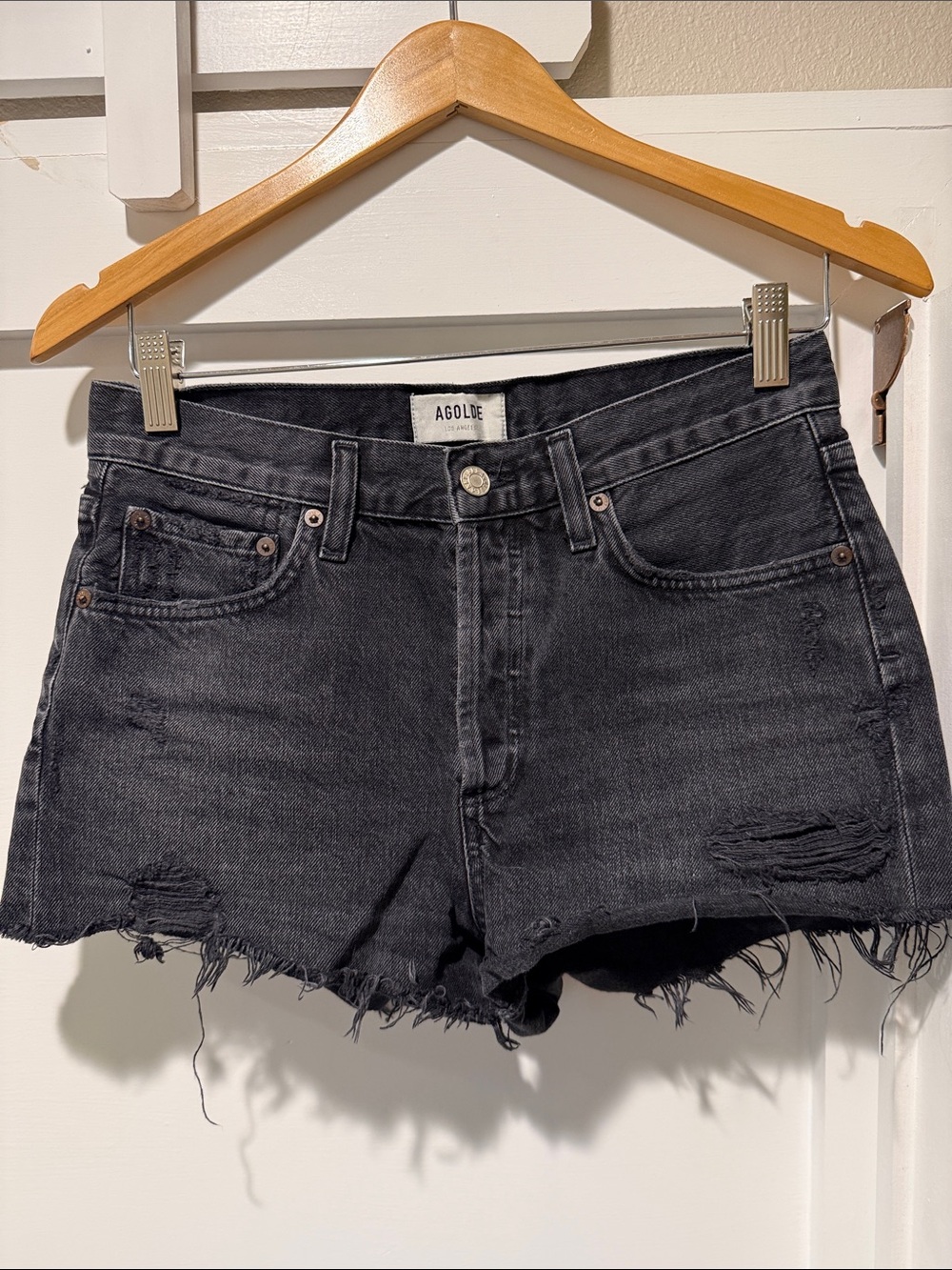 AGOLDE Size 25 Black Distressed Denim Shorts Button Fly Raw Hem
